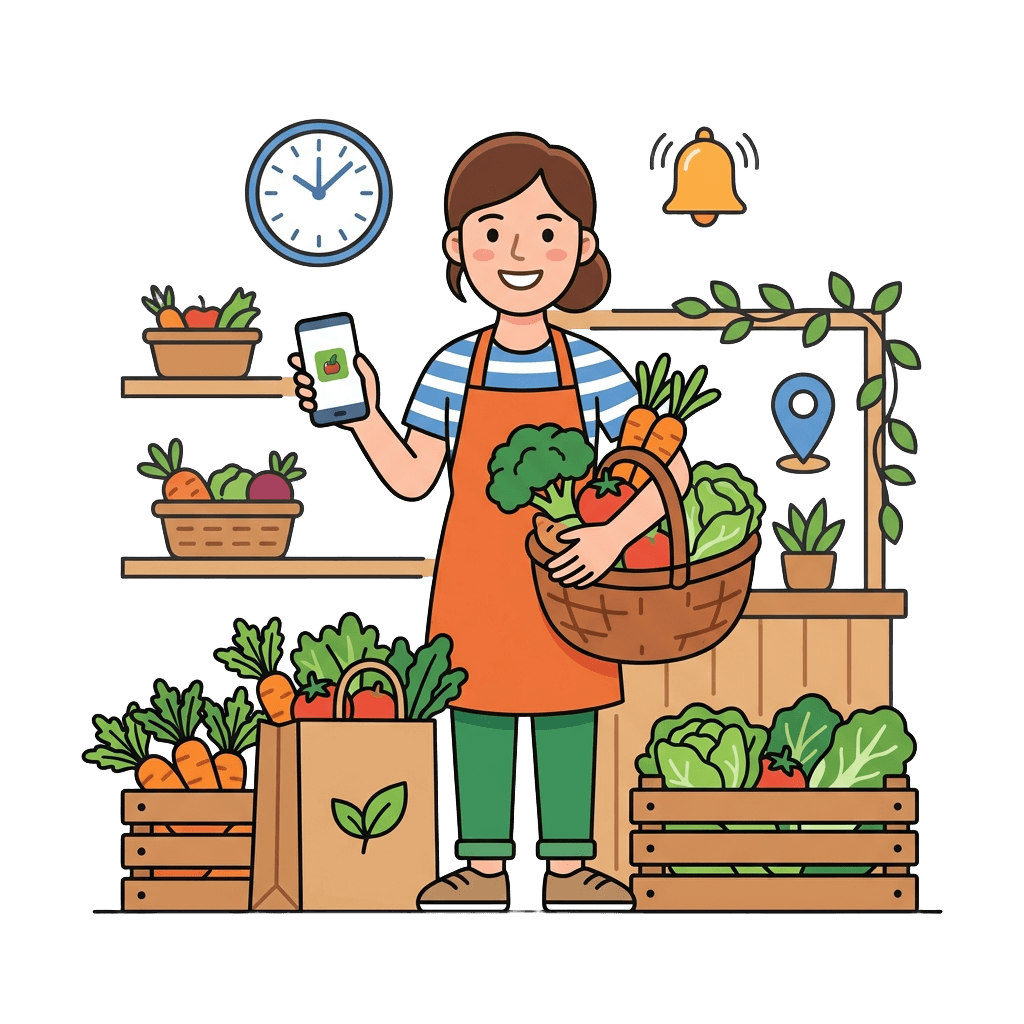 Kundin bestellt frische Hofladenprodukte online per Smartphone